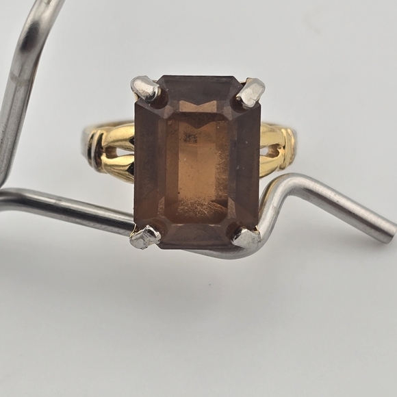 Vintage Emerald Cut Brown Stone Ring 18K GE Gold Electroplate Size 5.75 - Picture 1 of 8